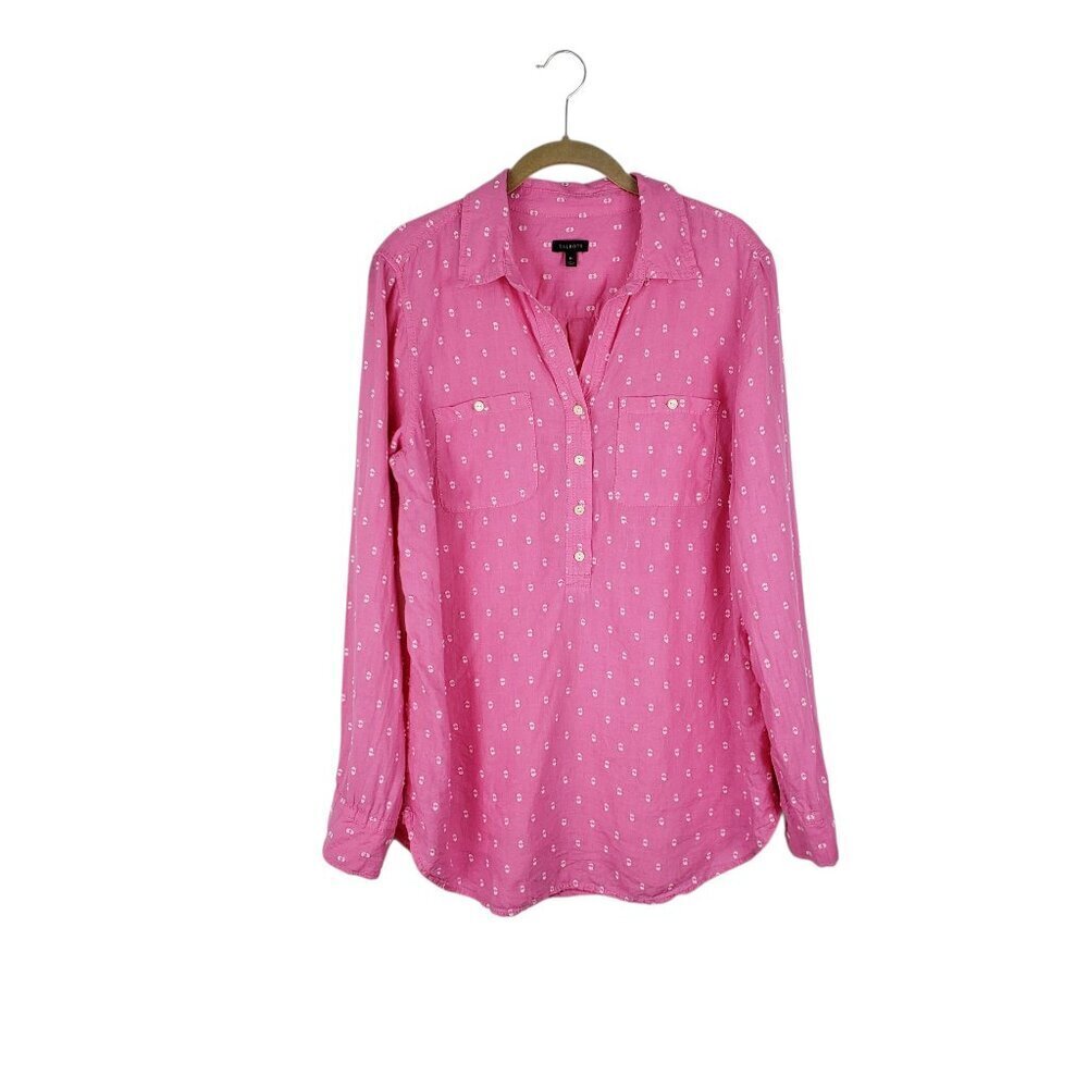 Talbots Linen Blend Popover Camp Shirt Pink Clip Dot Long Sleeve Womens Medium